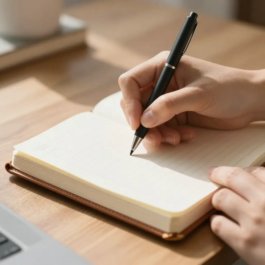 Person writing in a journal with natural lighting