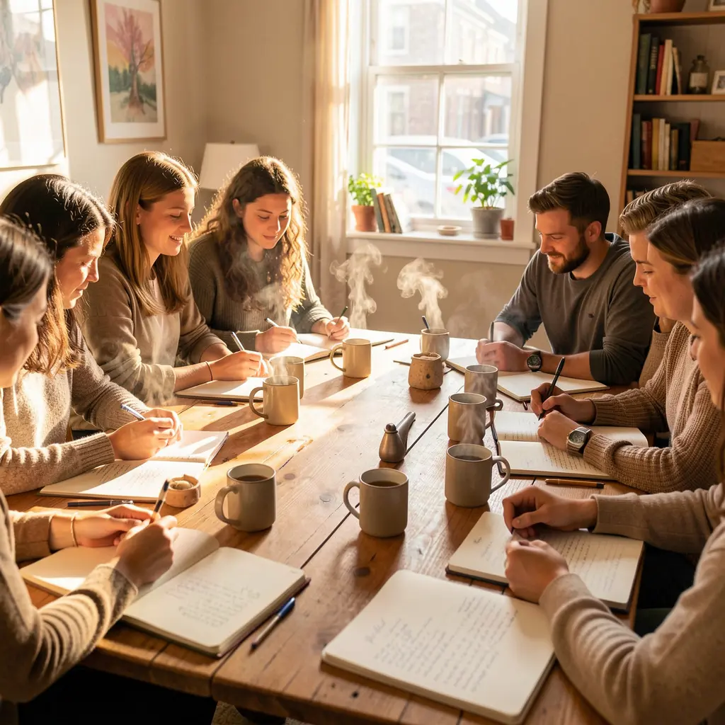 Group journaling workshop in a cosy studio