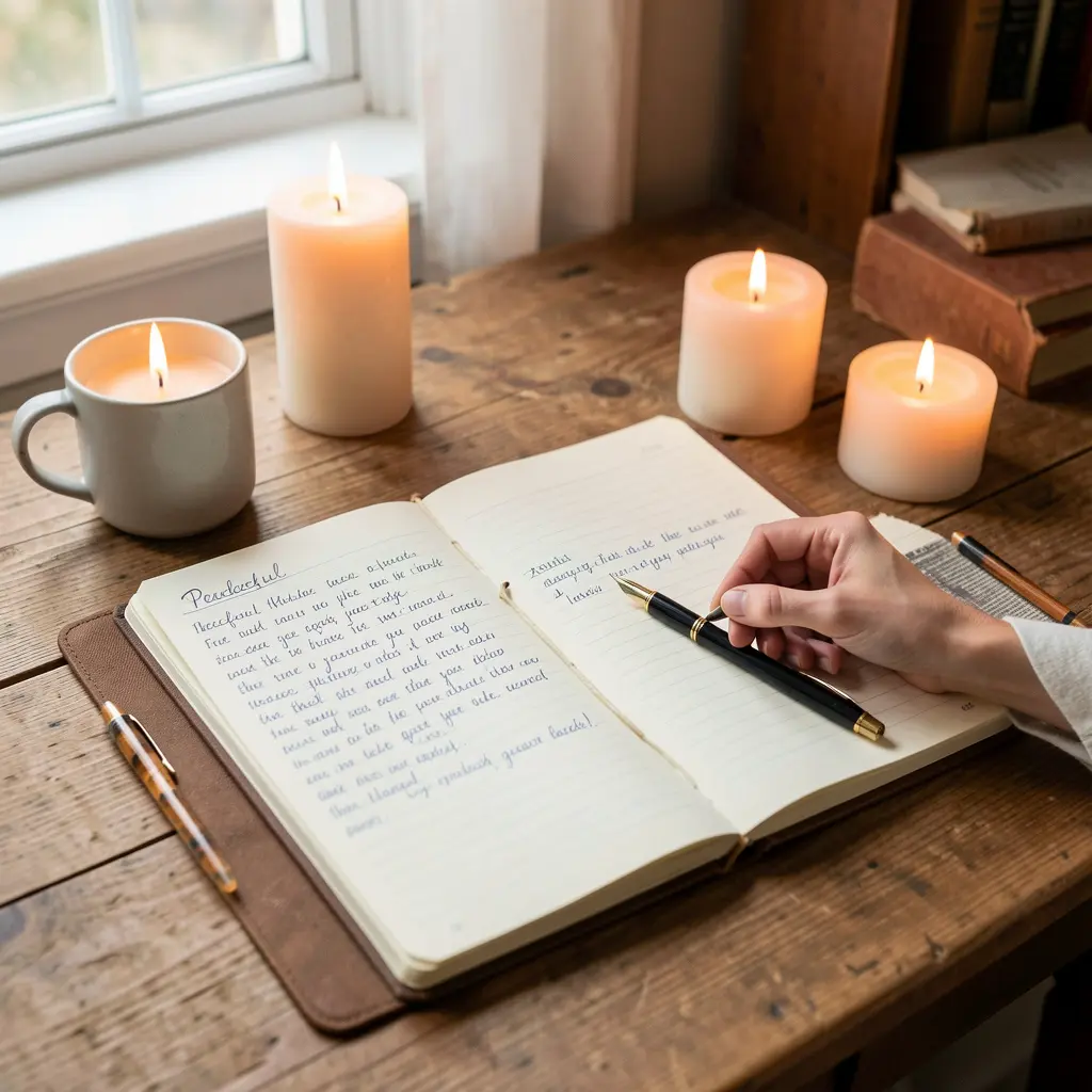 Peaceful mindfulness journaling setup with candles and notebook